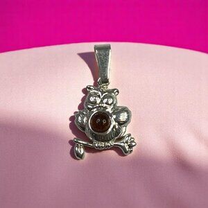 Sterling Silver Owl Pendant With Amber Stone